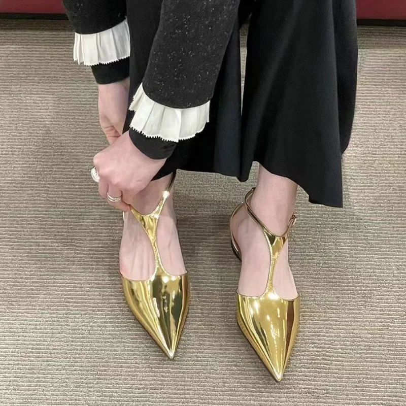 

Woman Pointed Leather Flats Shoes 2023 Black Golden Colored Casual Shallow Mouth Single Shoes Women Ballet Shoes Sandals