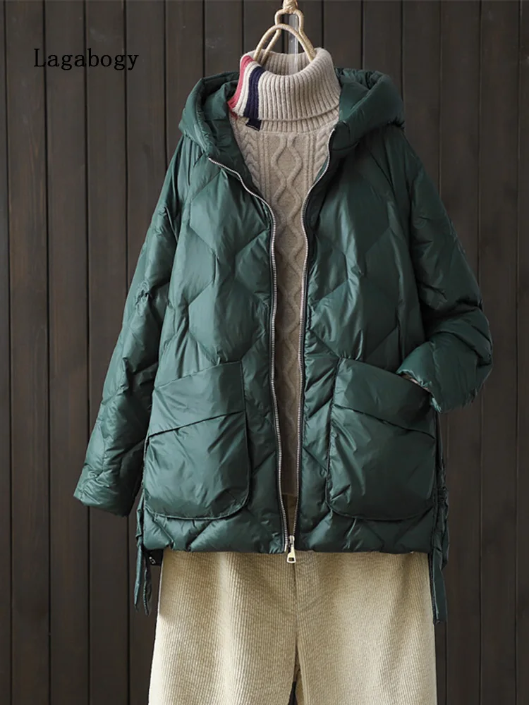 Lagabogy 2025 New Winter Women 90% White Duck Down Jacket Casual Loose Fashion Outwear Hooded Puffer Coat Short Light Warm Parka