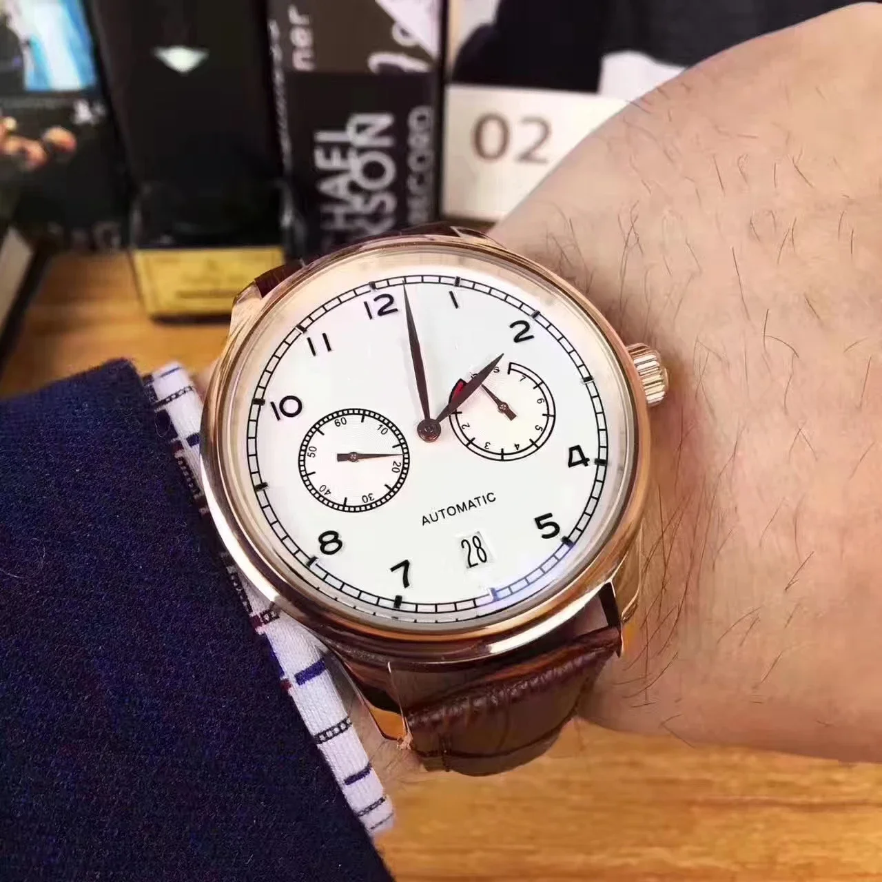 

Роскошные новые мужские механические часы пилота автоматические розовое золото черный кожа