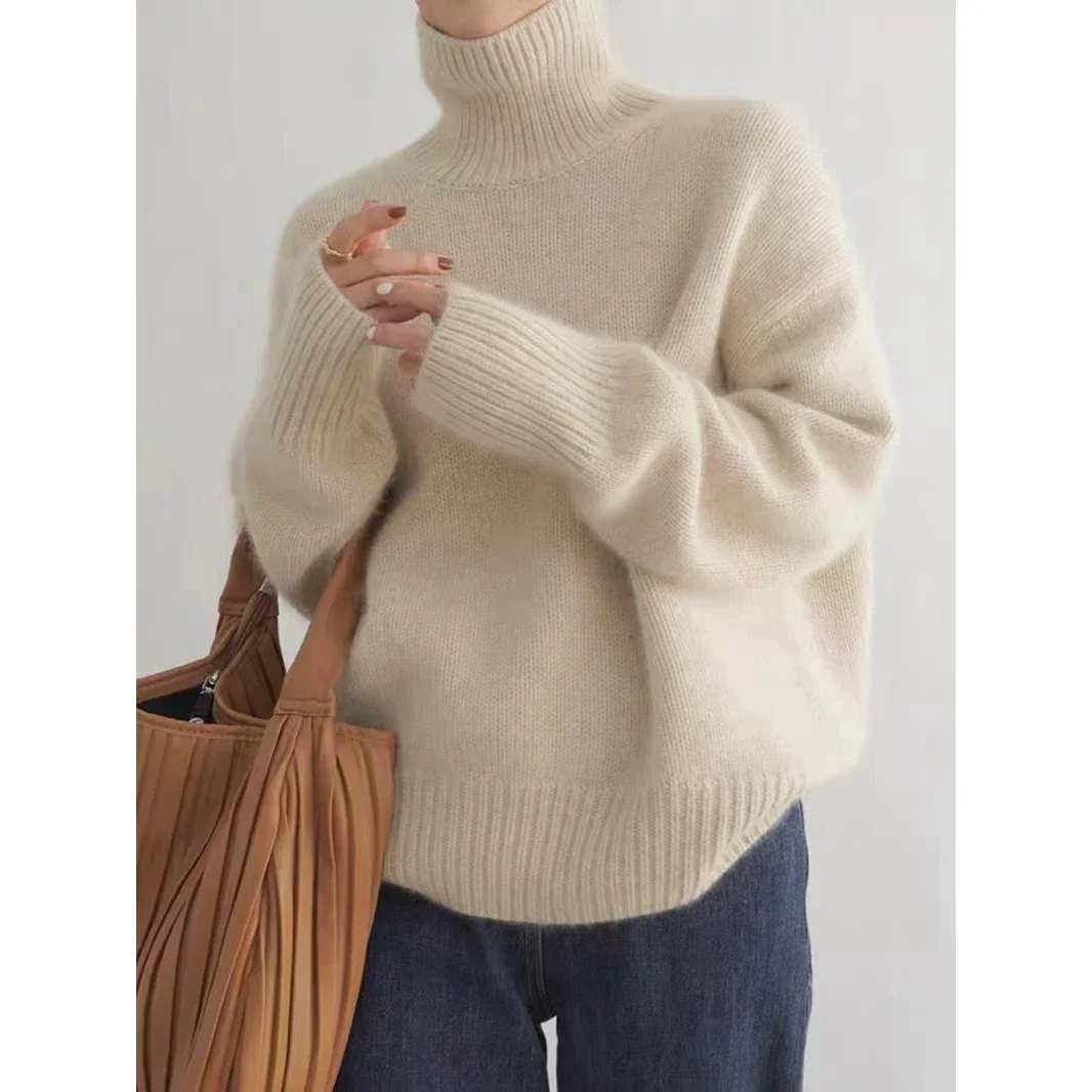 

Hawlife Beige Grey Turtleneck Pullover Sweater Long Sleeve Loose 003