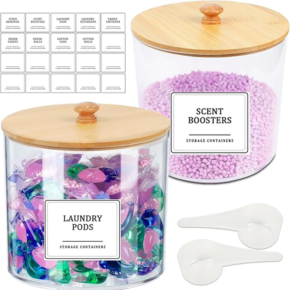 Laundry Pods Storage Container with Labels, Clear Acrylic Laundry Detergent Dispenser, Bathroom Laundry Powder Storage Box