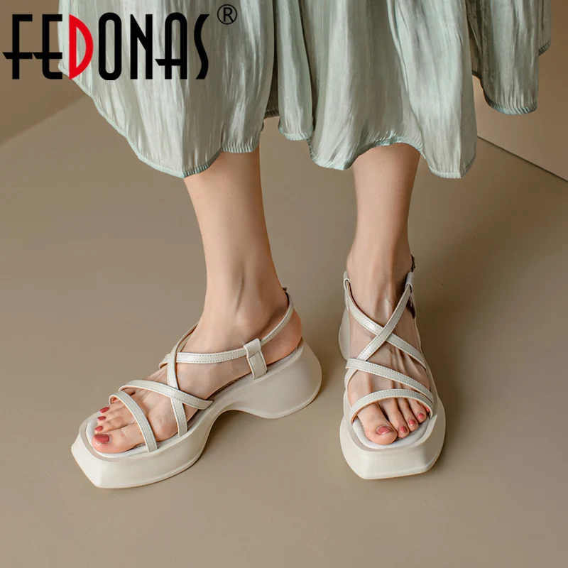 

FEDONAS Summer Thick Heels Women Sandals Genuine Leather Narrow Band Platforms Gladiators Casual Office Shoes Woman Rome Style