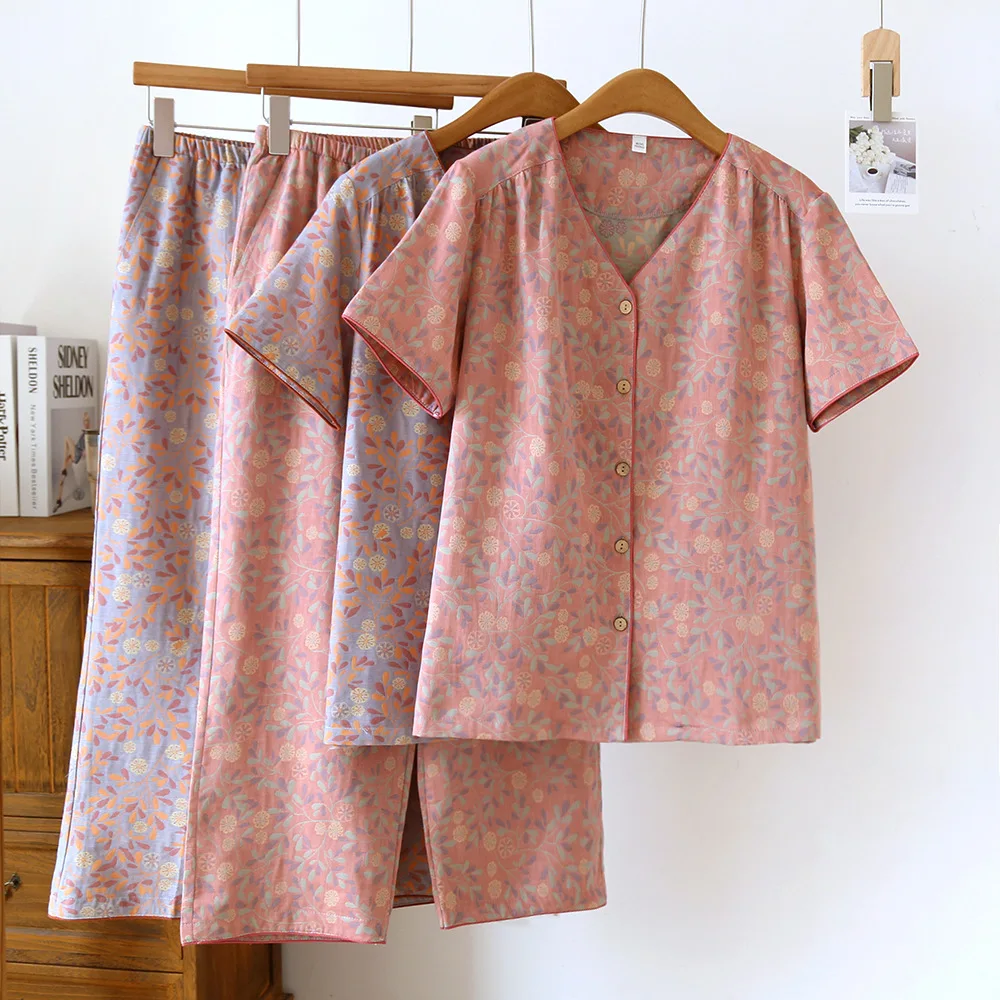 100% Cotton Sleepwear Women's Summer Suit Female Home Clothes 2 Pieces Lady Pajama Sets V-Neck Floral Print Lounge Wear