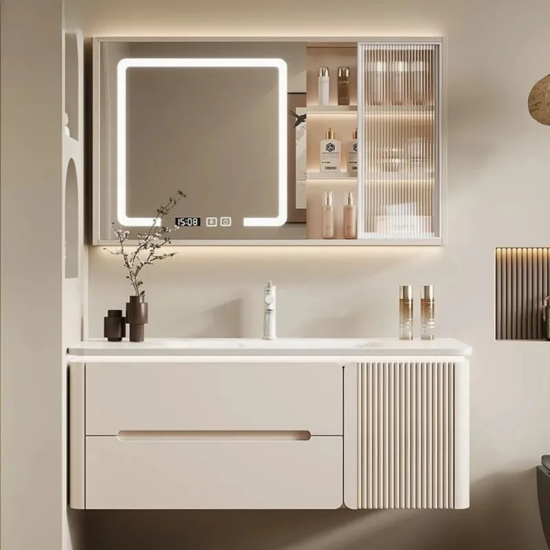 Cream wind oak paint door bathroom cabinet bathroom ceramic integrated basin combination intelligent rounded corner side cabinet