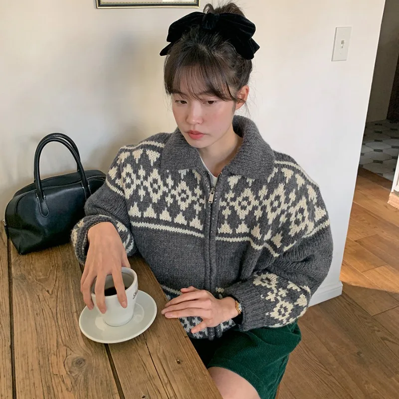 여성 스웨터, 서양식 베이스 탑 레트로 대비 컬러 자카드 집업 스웨터 겉옷 가을 겨울 라펠 니트 가디건