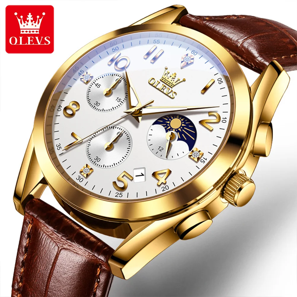 OLEVS 2890 Men's Watches Fashion Casual Original Quartz Watch for Man Waterproof Luminous Wristwatch Chronograph Moon Phase Date
