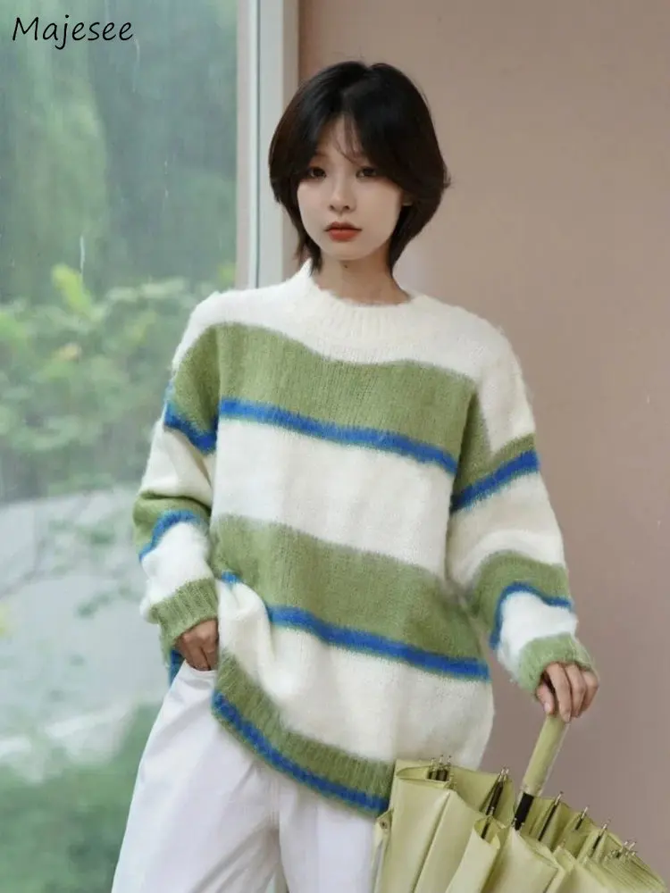 

Striped Panelled Sweater Pullovers Women High Street Loose Popular College Chic Temper Pull Femme Ulzzang Sweet Retro Knitwear