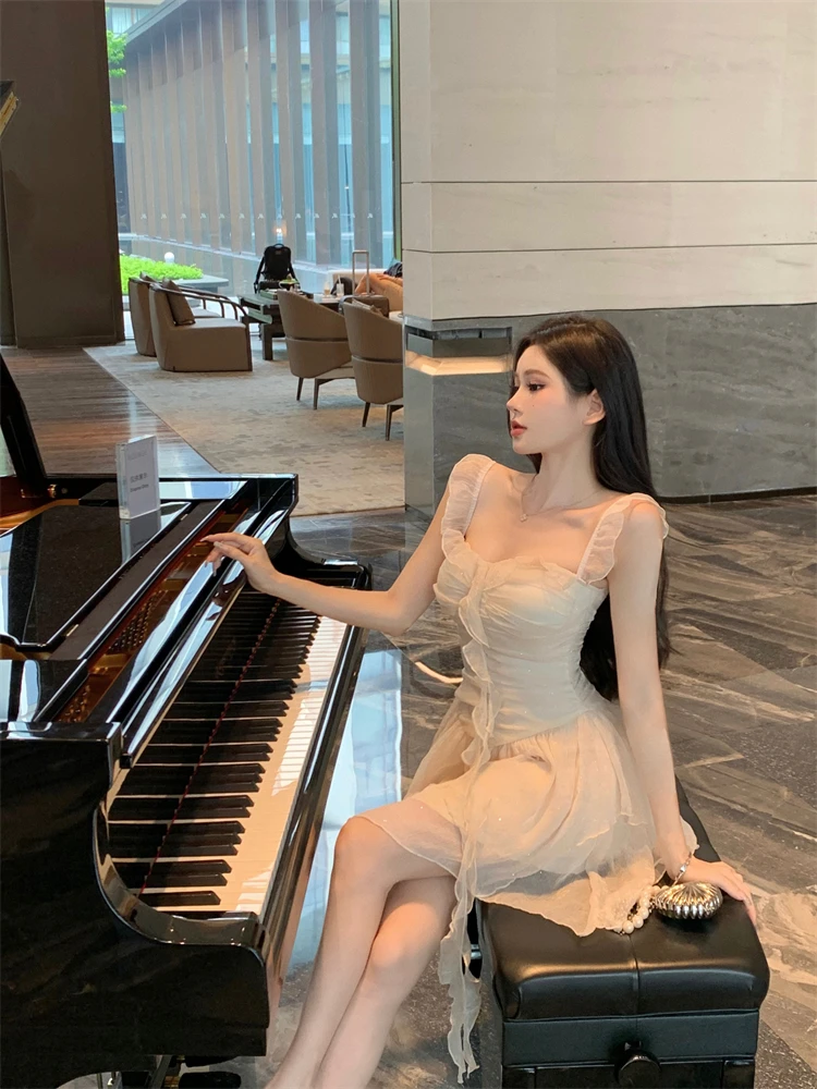 Y2K Irregular Ruffles Short Dresses for Women Spaghetti Strap High Waist A-line Summer New Korean Fashion One Piece Party Dress