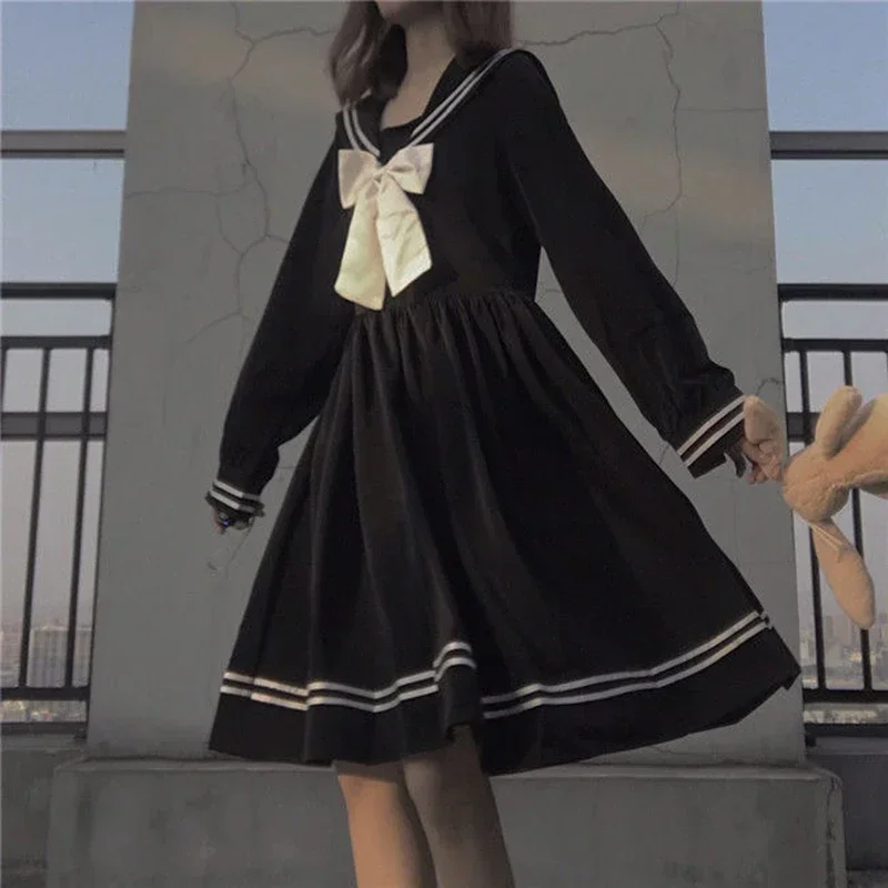 

Japanese Lolita Kawaii Sweet Bowknot Robes Long-Sleeve Black Knee-Length Navy Preppy Party Women Summer Dress clothes dresses