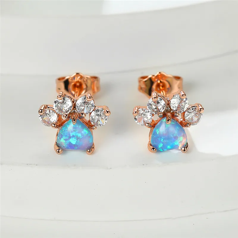 Cute Female Small White Crystal Zircon Stud Earrings Fashion Blue Opal Heart Wedding Jewelry For Women