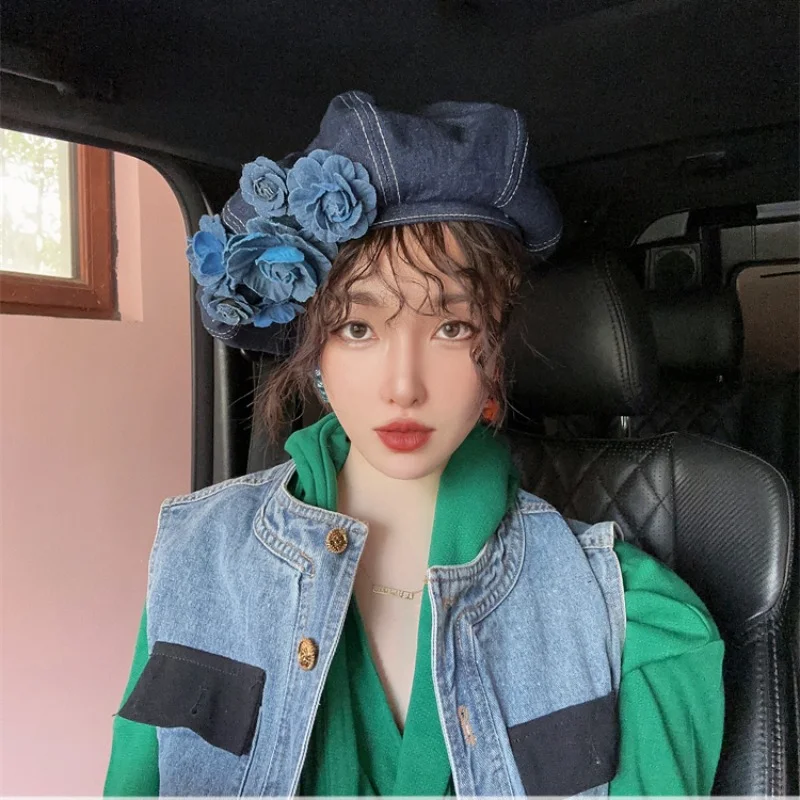 Y2K Korean Designer Vintage Elegance Denim Blue Camellia Beret Hats For Women Spring Summer Femininity Niche Casual Painter Caps 2