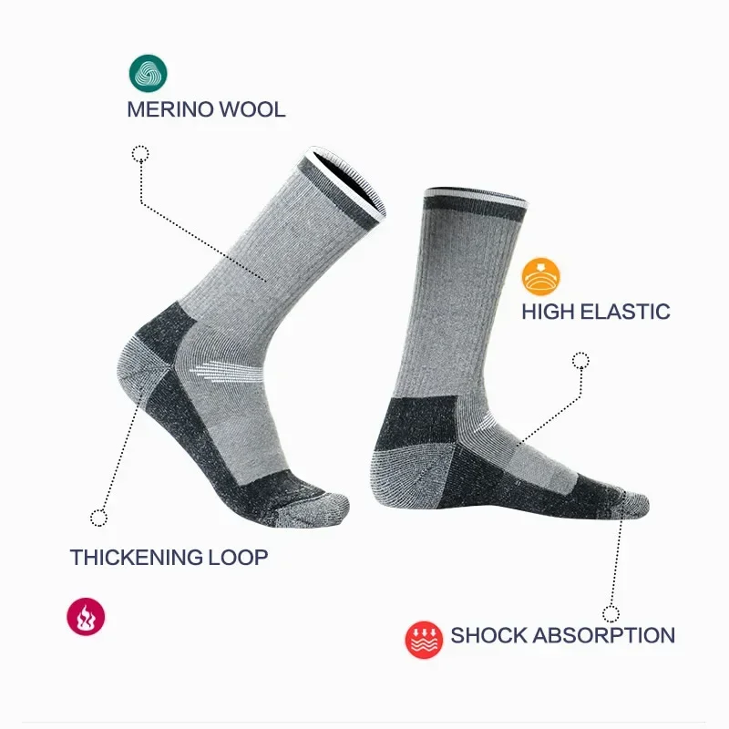 Merino Wool Ski Hiking Thermal Socks Men Women Winter Outdoor Sports Mountaineering Thicken Breathable Size 35-47 2 Pairs