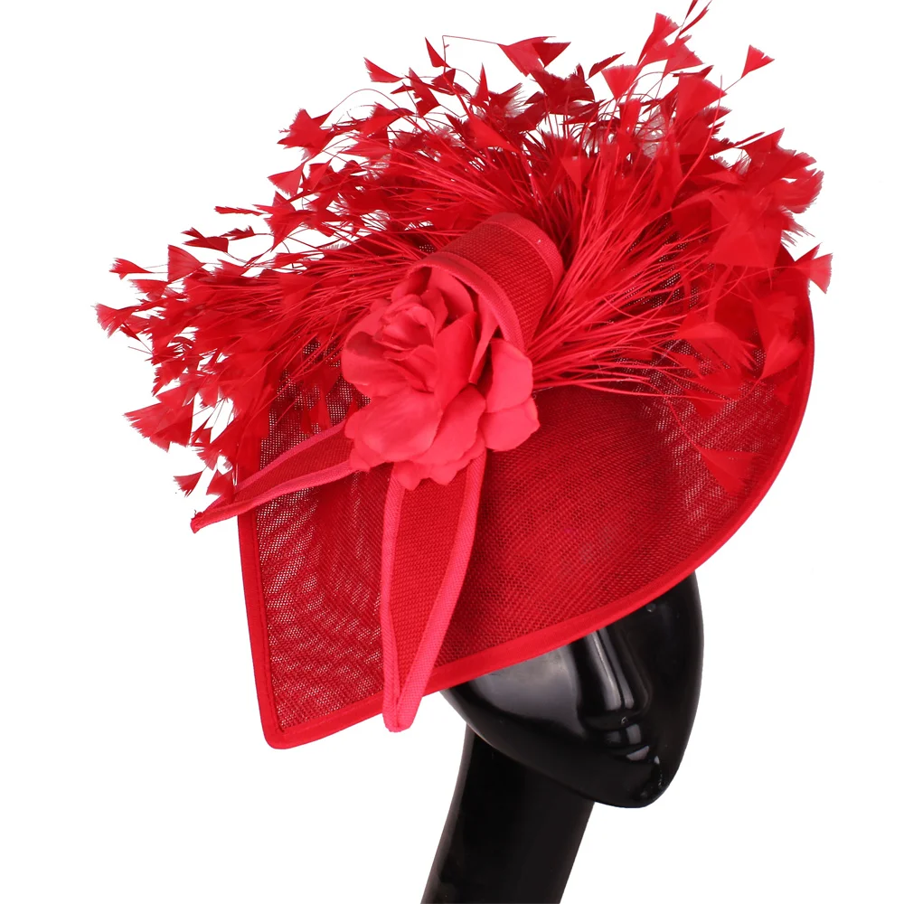 

Elegant Purple And Red Feather Fascinator Wedding Bridal HairClip Hat For Party Cocktail Headpiece Lady Floral Pattern HeadWear