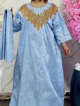 Abiti lunghi Bazin Riche di formato libero blu cielo con collo di paillettes sciarpa per le donne africane Abbigliamento da festa Top Bazin Dashiki Robe 1