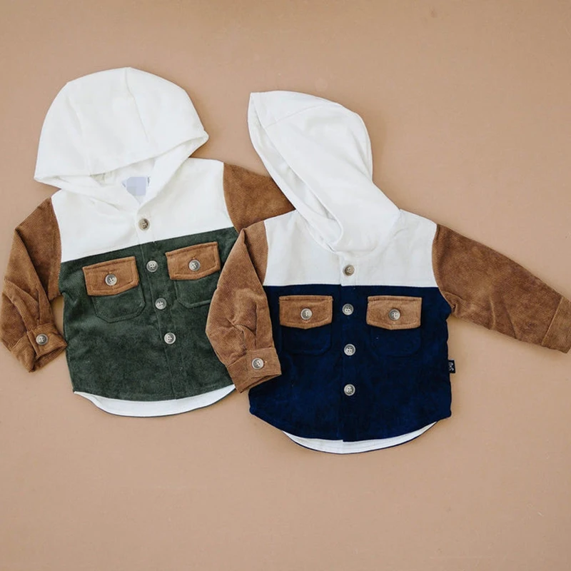 FOCUSNORM 1-6Y Fashion Autumn Casual Kids Boys Jacket 2 Colors Patchwork Long Sleeve Hooded Single Breasted Coats