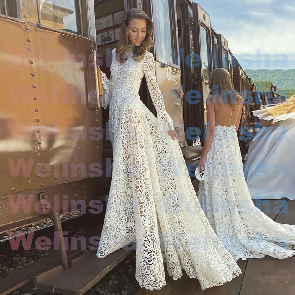 

Романтическое кружевное свадебное платье с высоким воротом и длинными рукавами, прозрачное ТРАПЕЦИЕВИДНОЕ ПЛАТЬЕ со шлейфом, свадебное платье в богемном стиле