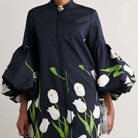 Fashion Elegant Floral Printed Stand Collar Shirts Long Dresses Womens Spring Lantern Sleeves Single-Breasted Trench Coats - Image 4