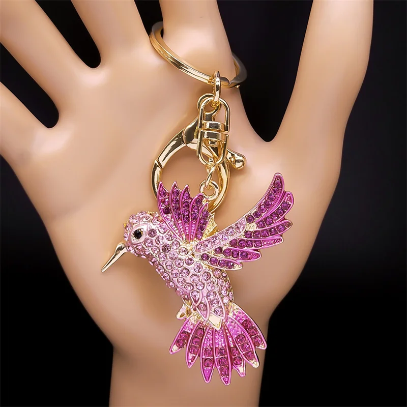 Chaveiro de beija-flor rosa para mulheres e homens, strass, cor