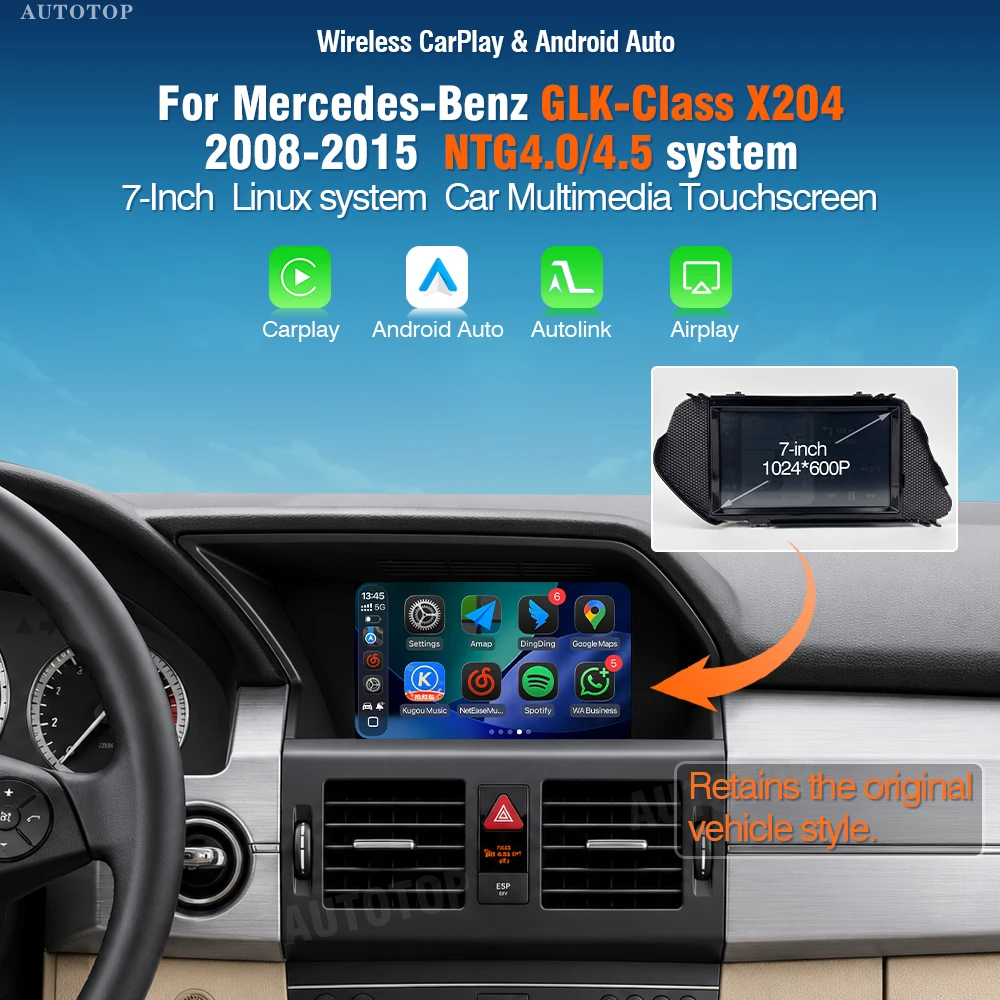 AUTOTOP Pantalla multimedia para coche de 7 pulgadas que conserva el estilo original de fábrica, pantalla táctil para Benz GLK X204 2008-2015 NTG4.0/4.5, radio Linux con CarPlay inalámbrico, Android Auto, navegación GPS, asistente de Google Siri, pantalla de tablero con velocidad y RPM en tiempo real, cámara de respaldo 1