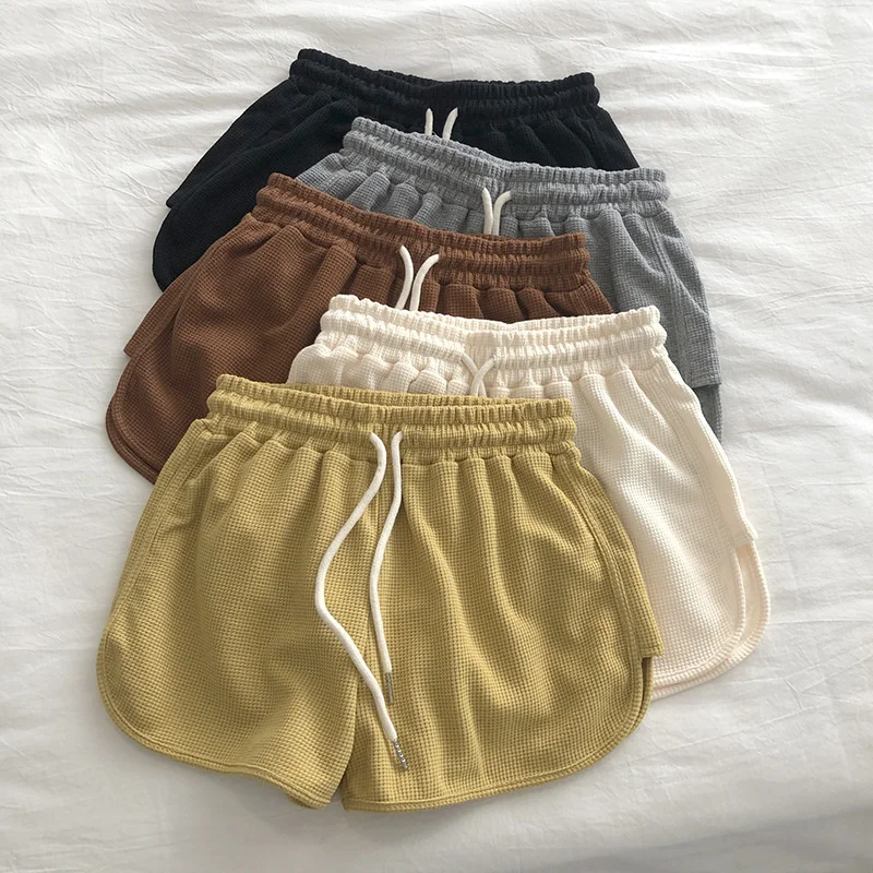 spandex shorts Summer Women Sports Shorts Elastic Drawstring High Waist Cotton Waffle A-line Wide Leg Shorts Solid Women Home Casual Shorts women's swim shorts