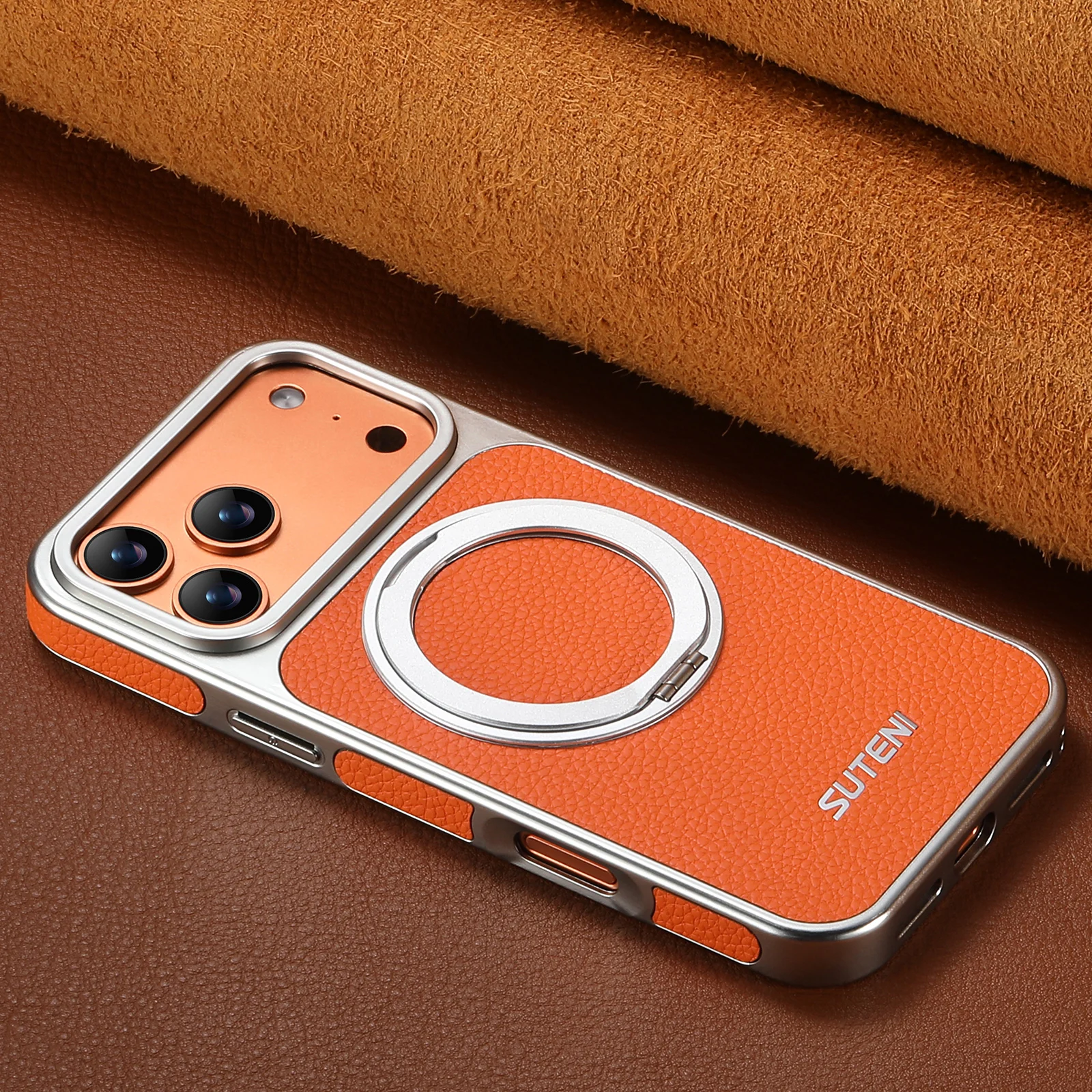 Sleek Leather Magnetic Phone Case with 360° Rotating Stand and Magsafe Wireless Charging Compatibility