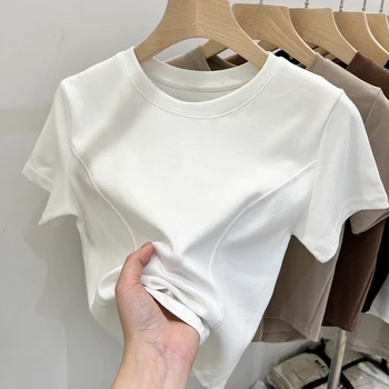 2025 الصلبة الأساسية قصيرة الأكمام المرأة التي شيرت عادية أسود أبيض قمة الموضة تي شيرت السيدات موضة الكورية تي شيرت الشارع الشهير 2