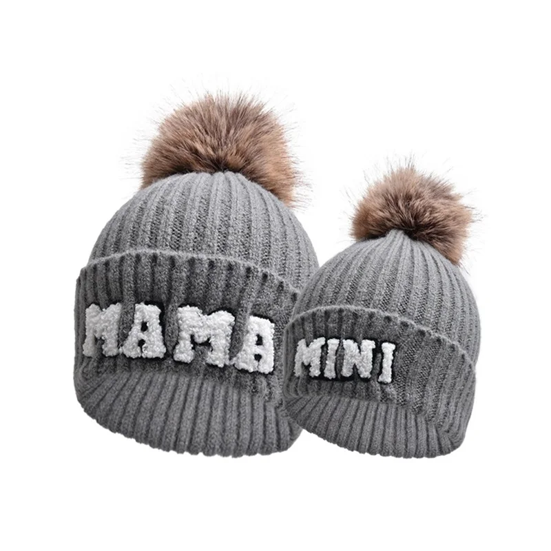 FOCUSNORM 4 Farben 2 teile/sätze Eltern-Kind Baby Mädchen Jungen Frauen Beanie Hut Mutter & Kinder Brief Stickerei Winter warme Strickmütze – Detail 5