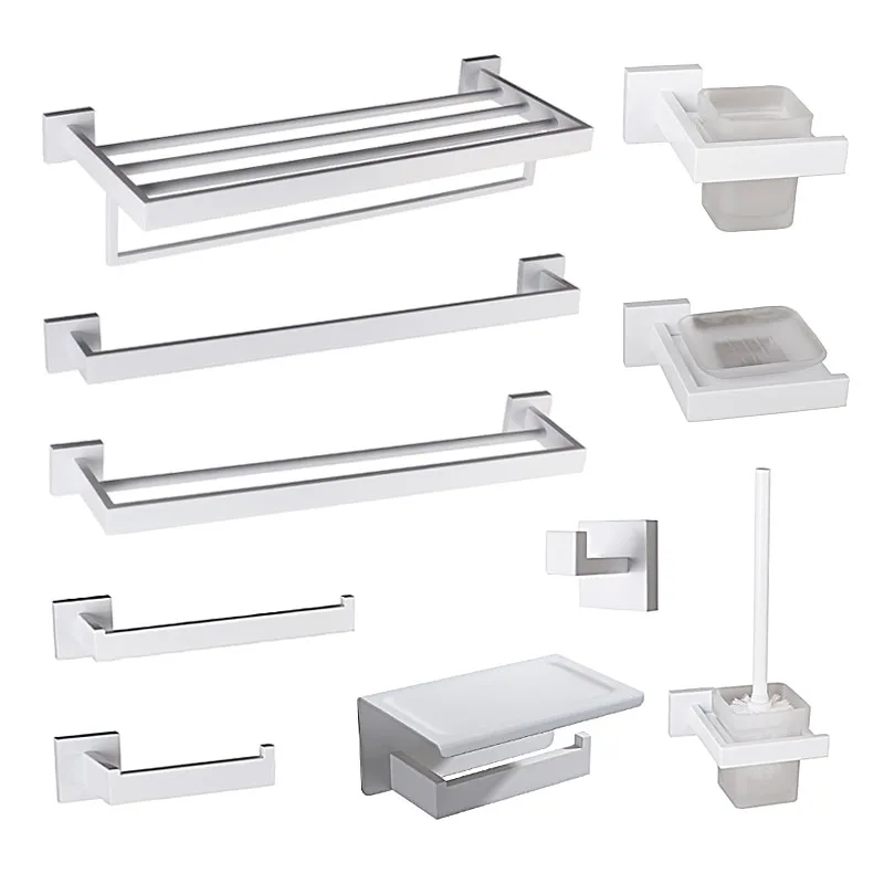 แปรงห้องน้ำสีขาวชั้นวางผ้าเช็ดตัวสแตนเลสตะขอราวผ้าขนหนูที่ยึดกระดาษอุปกรณ์ในห้องน้ำอุปกรณ์แก้ไขด้วยสกรู 1