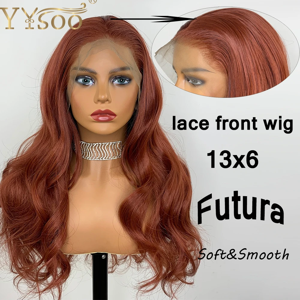 

YYsoo Long Copper Brown13x6 Japan Futura Synthetic Lace Front Wig Natural Hairline Pre Plucked 6inch Deep Part Soft Wavy Wigs