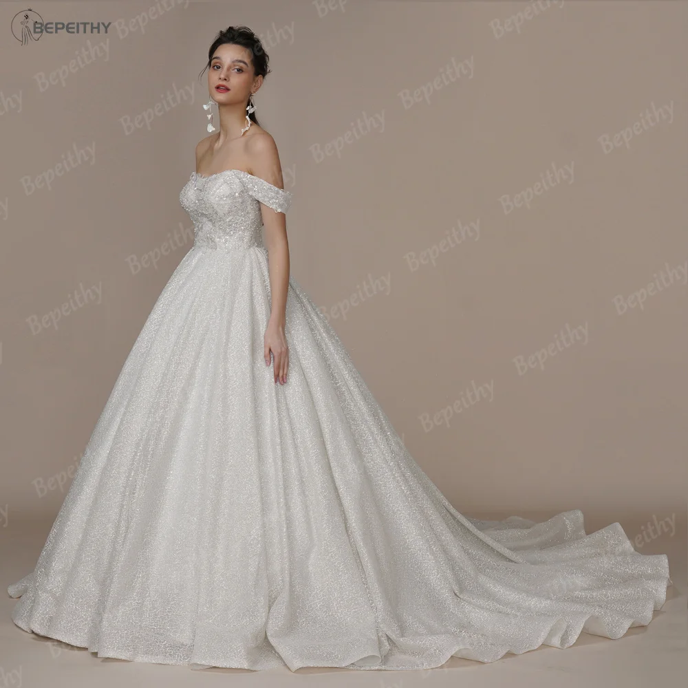 BEPEITHY Customized Luxury Strapless A Line Glitter Wedding Dresses Off The Shoulder Women Ivory Bling-Bling Bride Bridal Gown 3