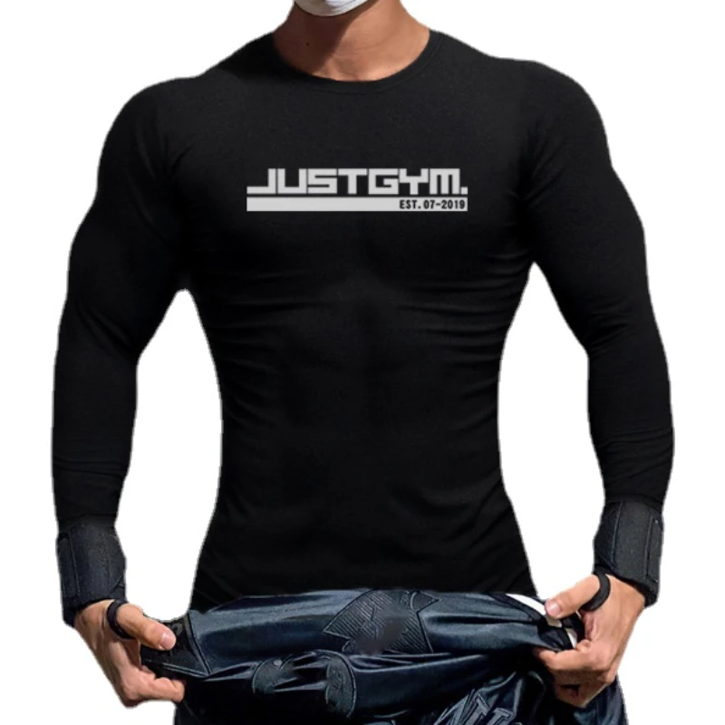 

New Spring and Autumn Men's Compression T-shirt Bodybuilding Fitness O-neck Printed Workout Long-sleeved Shirt