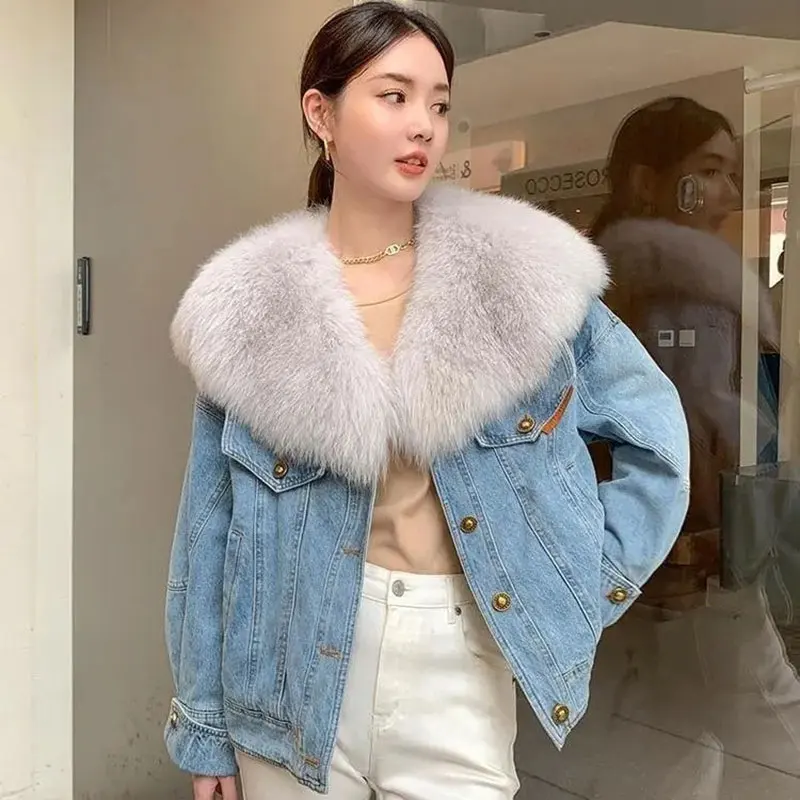 

Women Winter Down Denim Jacket With Big Fake Fur Callor,Street Style Thick Warm Lining Jean Jackets and Coats Super Cool