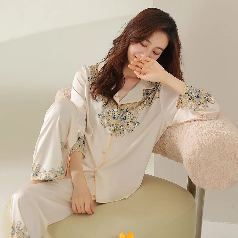Spring Summer Women's Thin Ice Snow Silk Pajamas Set Long Sleeve Pants Loose Simulation Silk Home Suit Luxury Printing Sleepwear