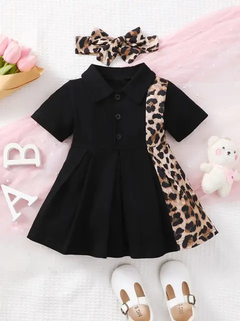 0-3 Year Old Newborn Baby Girls Summer Short Sleeved Lapel Black Leopard Print Cute Fashion Pleated Dress 1