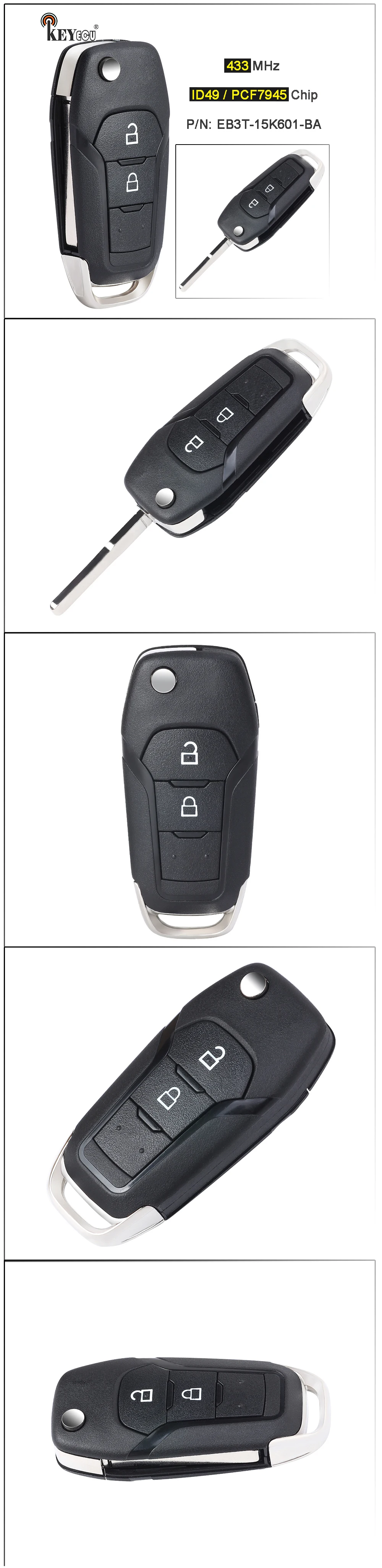 Keyforkess 433MHz ID49 / PCF7945 Chip EB3T-15K601-BA portachiavi a distanza per Ford Ecosport Ranger Mondeo 2014 2015 2016 2017 2018 2019 - Sd0557fdf5f424f5cb9559c4b349dc86cy