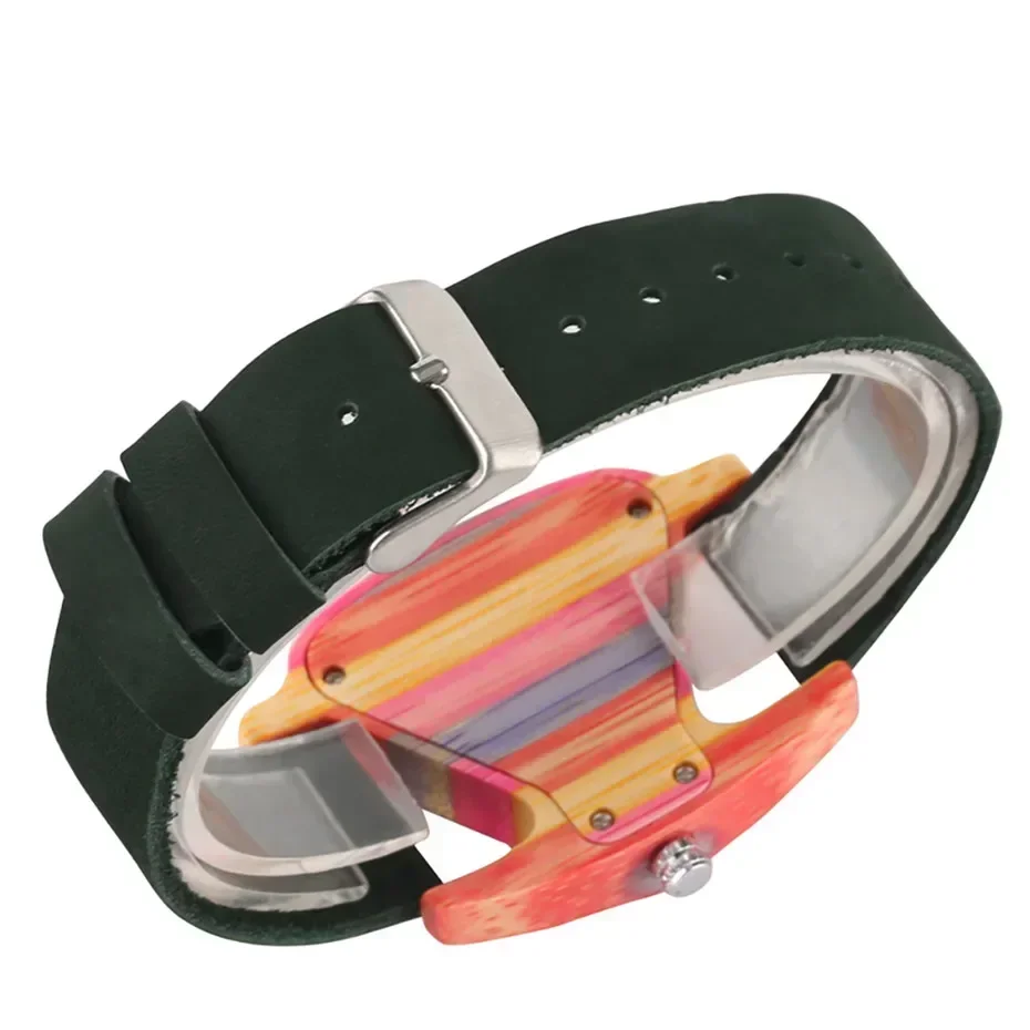 Unique Triangle Women's Wood Watch Creative Colorful Lady Green/ Red Genuine Leather Wristwatch Elegant Womens Watches Top Gifts 3