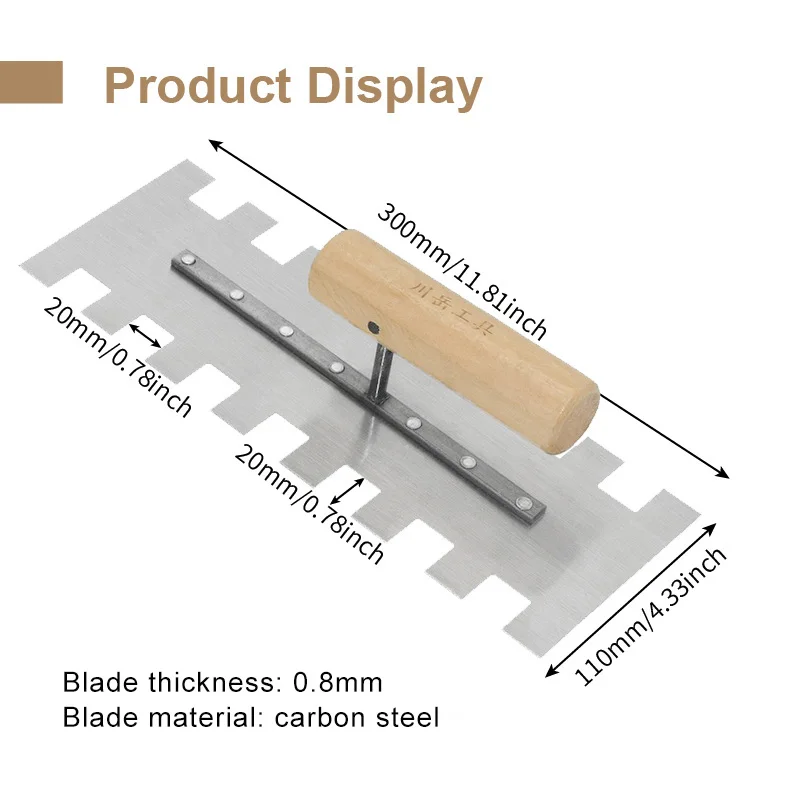 30cm Tile Trowel Carbon steel Blade Eco-friendly Wooden Handle Square Notched Masonry Trowel for Wall Floor Tiling Installation