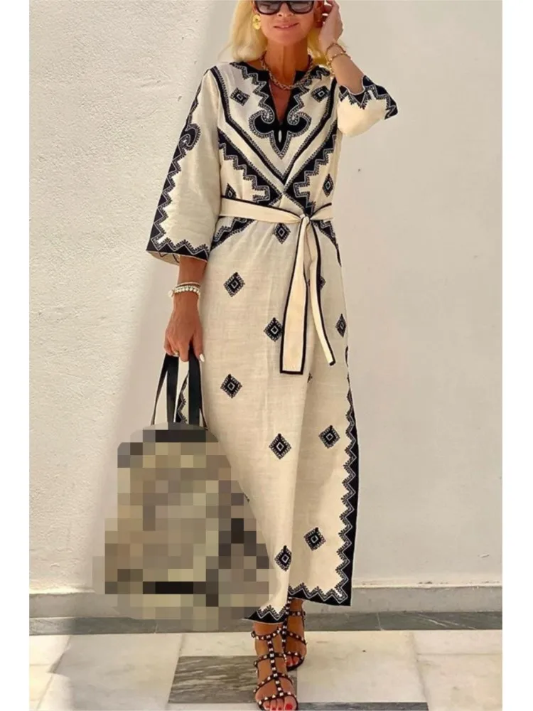 2024 Women's Spring Autumn New Fashionable Printed Waist Tie Belt Casual  Loose Belt Retro Five Minute Sleeve Long Dress - AliExpress 200000345