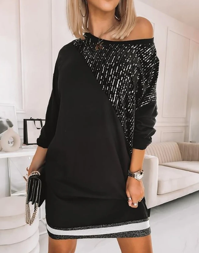 

Sweatshirt Dresses for Women One Cold Shoulder Long Sleeve Contrast Sequins Striped Trim Black Paillette Stitching Longline Top