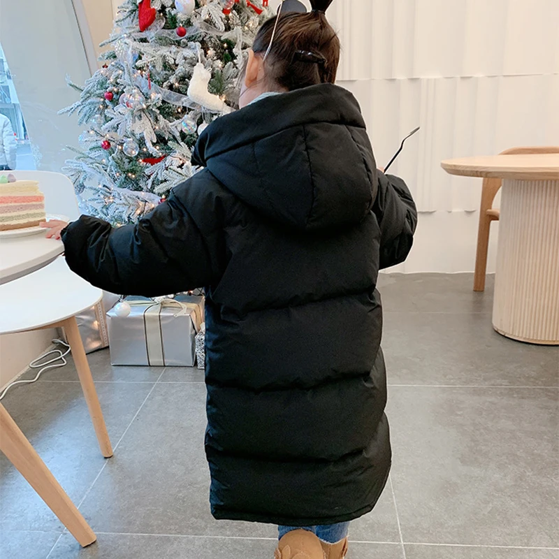 3-12 년 겨울 소녀 다운 재킷 긴 스타일 솔리드 컬러 패션 파카 코트 후드 지퍼 겉옷 생일 선물 아동복