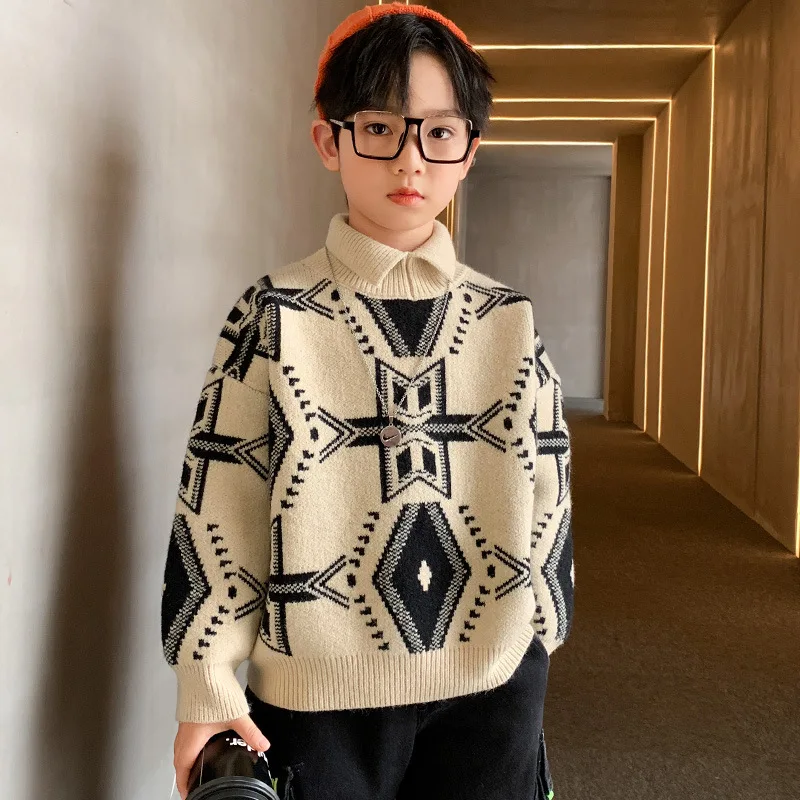 

2023 Korea Autumn Winter School Boy Pullover Sweater Teenager Boy High Collar Warm Knitwears Junior Boy Thicken Knitted Tops