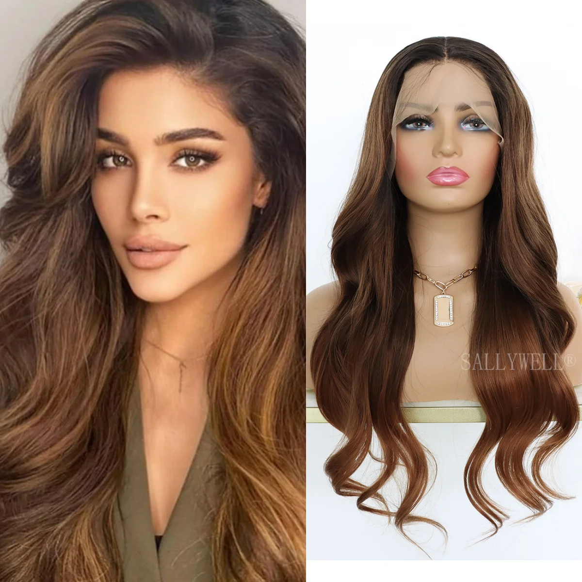 

Long Wavy Ombre Brown Lace Front Wigs 13x4 Lace Wigs with Baby Hair Pre Plucked Hairline Heat Resistant Fiber 24 Inch