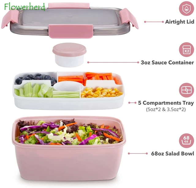 Bento Box Adult Lunch Box Salad Container for Lunch,52-oz Large Salad Bowl,3-Compartment Bento-Style Tray and 2-oz Sauce Container for Dressings