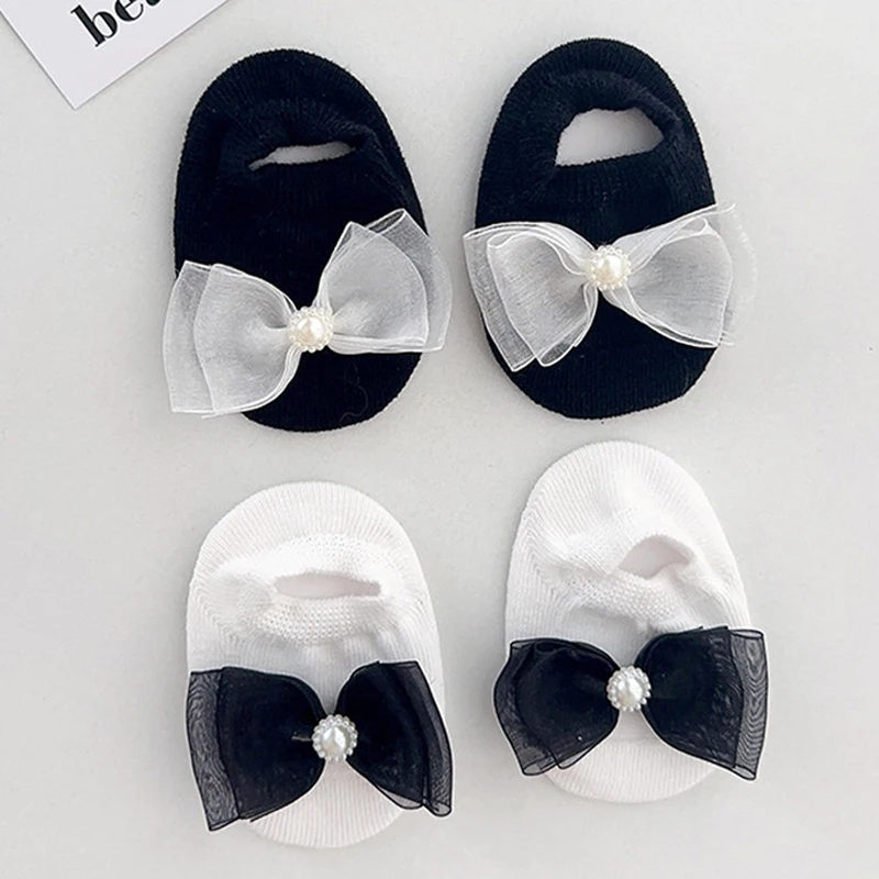 여아용 공주 양말, 미끄럼 방지 짧은 양말, 레이스 활 진주, 우아한 고무 바닥 양말, 실내 A1190