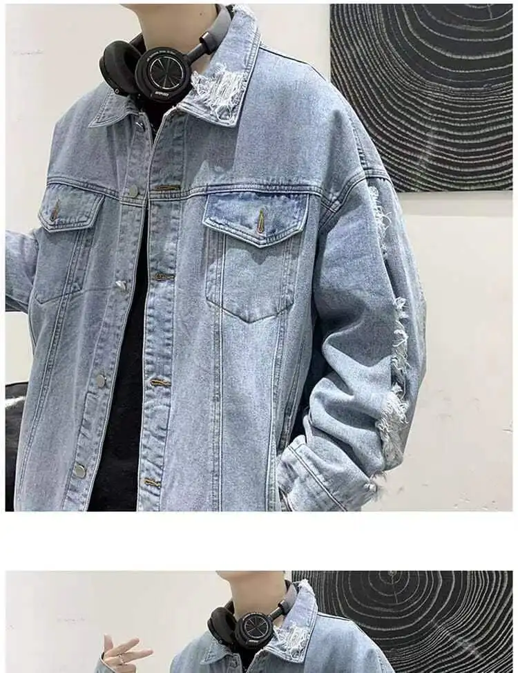 Spring Autumn Ripped Denim Jackets Men's Causal Loose Oversize Handsome High Street Overcoat Men Tops Male Clothes