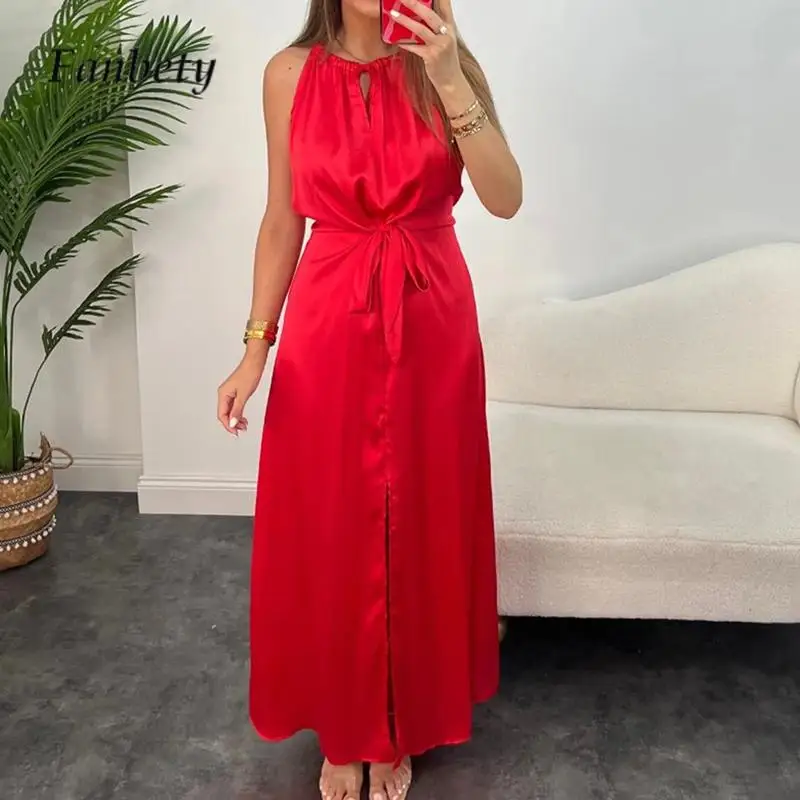 

New Summer Women Sleeveless Halter Long Dress Fashion Solid Color Hollow Out Split Dress Sexy Ladies Waisted Lace-up Party Dress