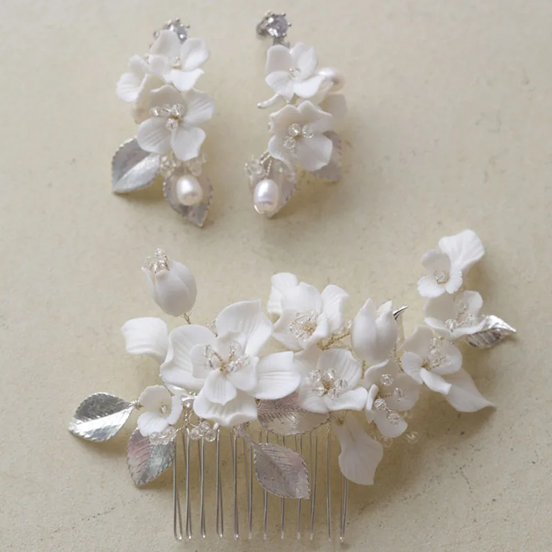SLBRIDAL Handmade Freshwater Pearls Ceram Flower Bridal Hair Comb Earrings Set Wedding Headpieces Women Jewelry Hair Accessories