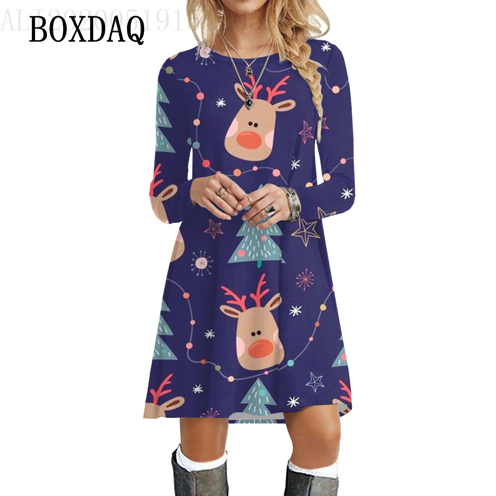Long Sleeve Holiday Party Dress Women's Christmas Dress - Long Sleeve  V-Neck Printed A-Line Party Dress (2025 Holiday) 2025 Holiday Celebration  Dress