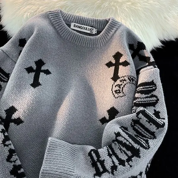 

American Street Cross Jacquard Round Neck Sweater Women High Street Fashion Couple Knitted Top Oversized Pullover Y2k Clothes