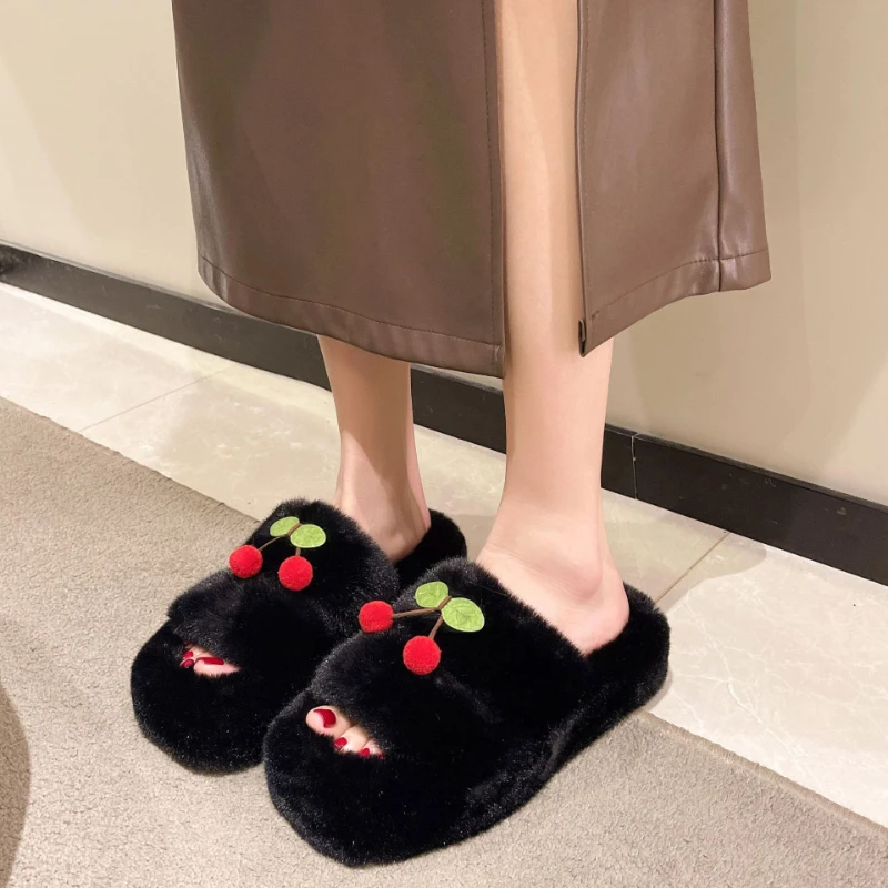 

Women Cherry Plush Slippers 2024 Winter Fashion Indoor Household Thick Sole Anti Slip Comfortable Warm Cotton Shoes Casual Shoes